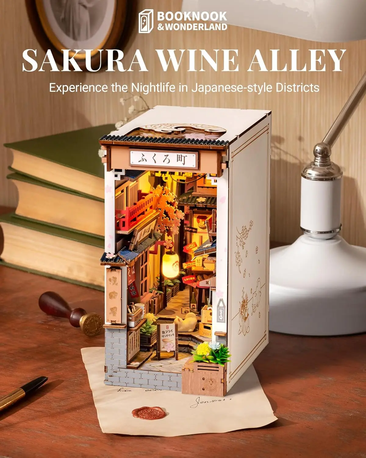 Robotime SAKURA Wine Alley DIY Booknook พร้อมไฟ DIY Miniature บ้านตุ๊กตาชุด 3D ปริศนาไม้ Bookend ชั้นวางหนังสือตกแต่งของขวัญ