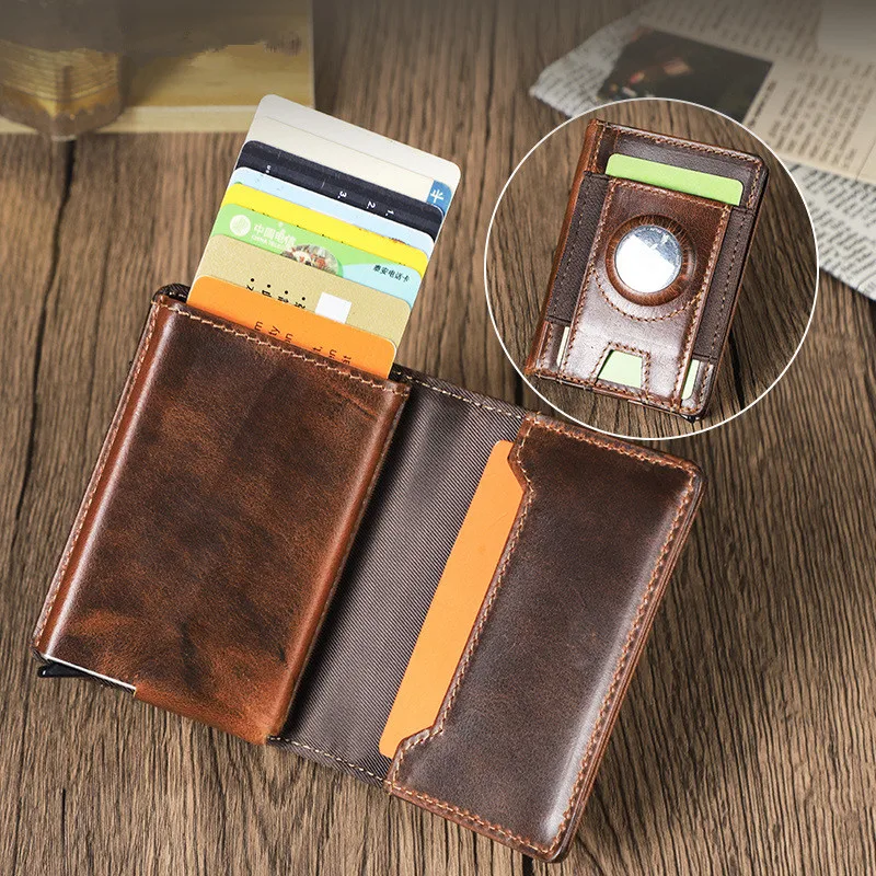 Multifunctional Wallet Genuine Leather Card Holder With Elastic Men  Clip AirTag Slot Aluminum Box Large Capacity RFID Protect