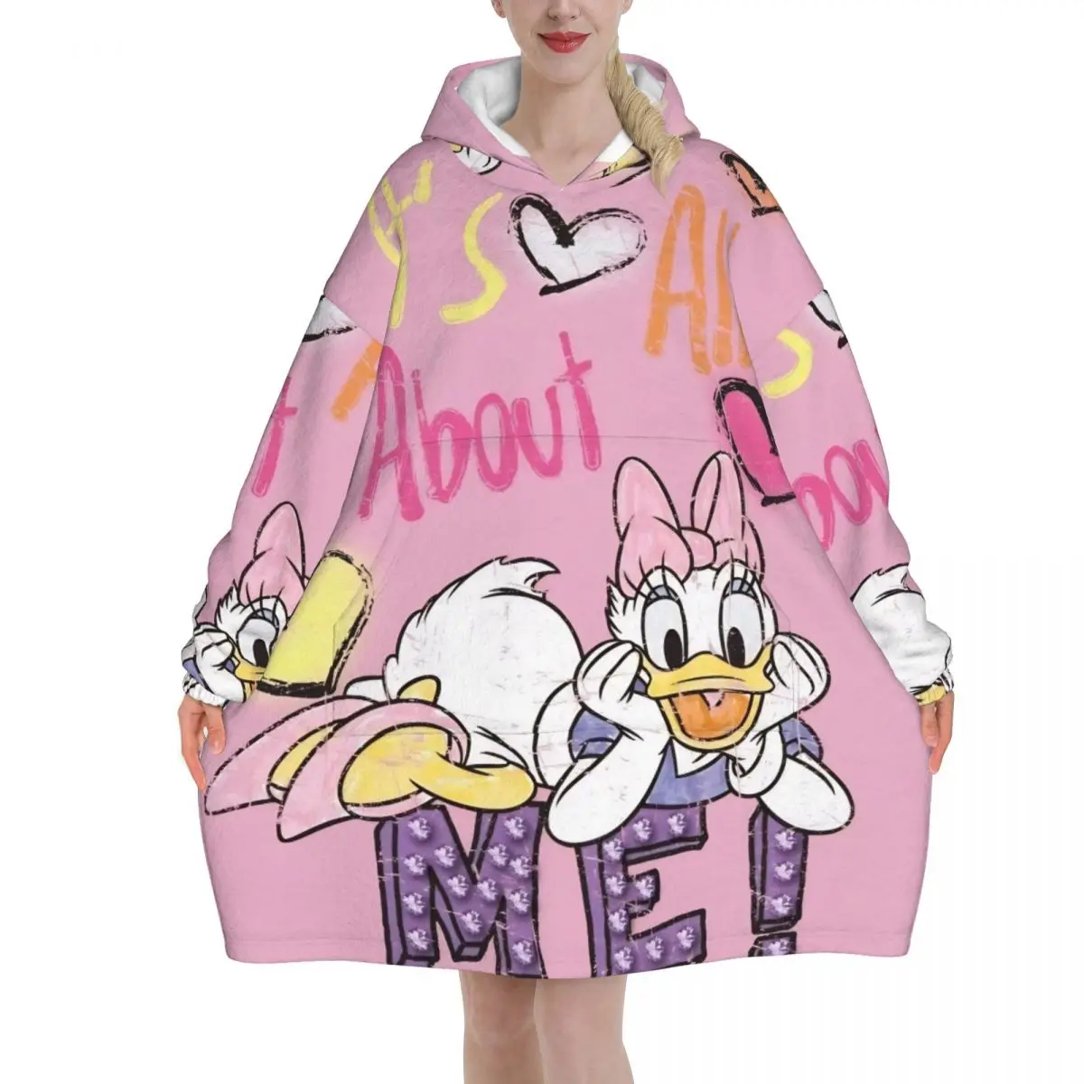 

Funny Cute Daisy Duck Wearable Blanket Hoodie for Women Men Oversized Sweatshirt Blanket with Pocket