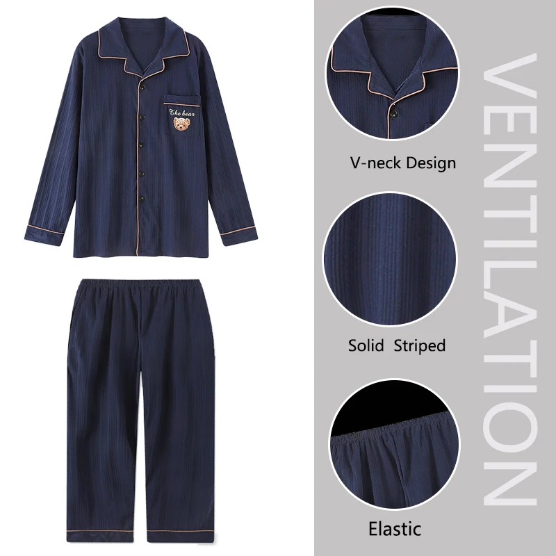 Autumn and Winter Cotton Plus Size Men Pyjamas High-Grade and High-Quality Long-Sleeved Homewear Black Striped Plaid Sleepwear
