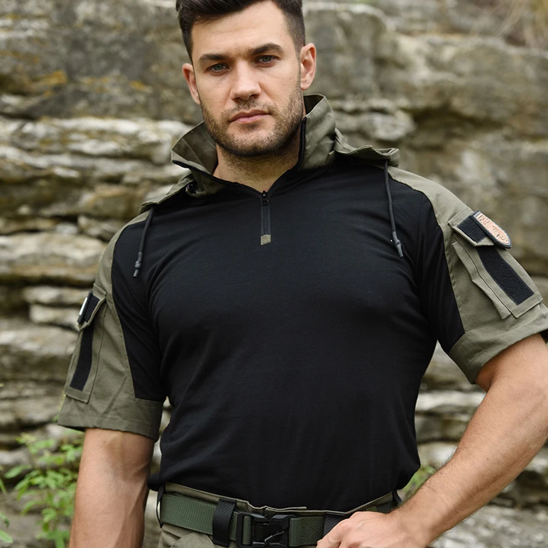 Men's Shirt Tactical T-shirt Safari Combat Shirts Hooded Men Clothing Hunting Clothes Camping Hiking Tees Wear-resistant