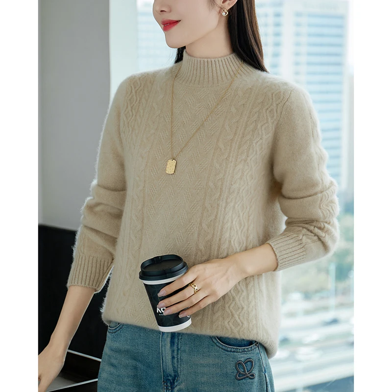 Fall/Winter 100 Wool Long Sleeve Retro Jacquard Sweater Female Semi-high Neck Cashmere Pullover Knitted Bottom Shirt