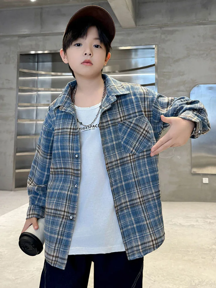 

Рубашки на пуговицах с длинными рукавами для больших мальчиков, пальто, желто-синяя осенне-весенняя классическая рубашка для мальчиков, новинка 2025 года с карманами, одежда для подростков