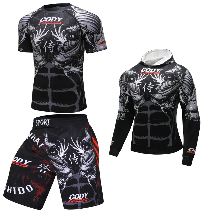 MMA Tracksuit Compression Shirt Pants Shorts Running Set Men Muay Thai Boxing Rashguard Fitness Workout Sportswear Gym  Clothing