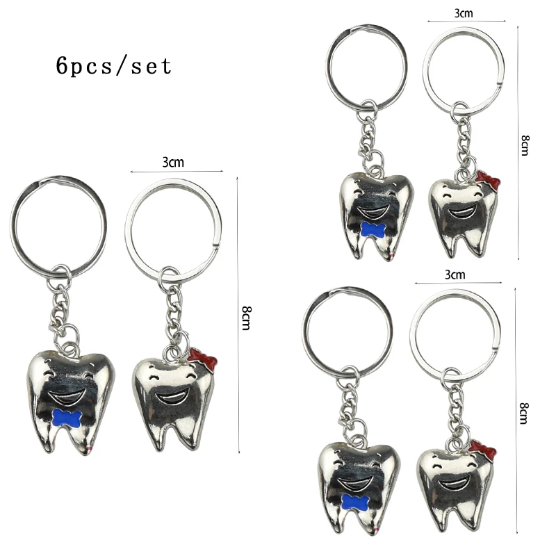 6Pcs/set Cartoon Teeth Keyring Key Chains Metal Chain Gift Personali Chain Tooth Keychain Gift