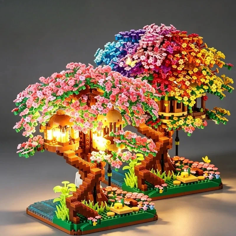 Mini Sakura Tree Building Blocks Set with LED Light DIY Cherry Blossom Bricks Model Kit Creative Home Decor Romantic Gift