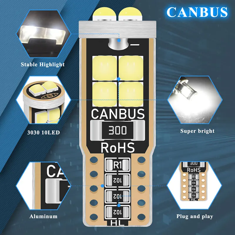 10x T10 W5W LED Canbus bez błędu 3030 10SMD żarówki do wewnętrznych Lamp samochodowych samochodu biały niebieski Auto lampka tablicy rejestracyjnej