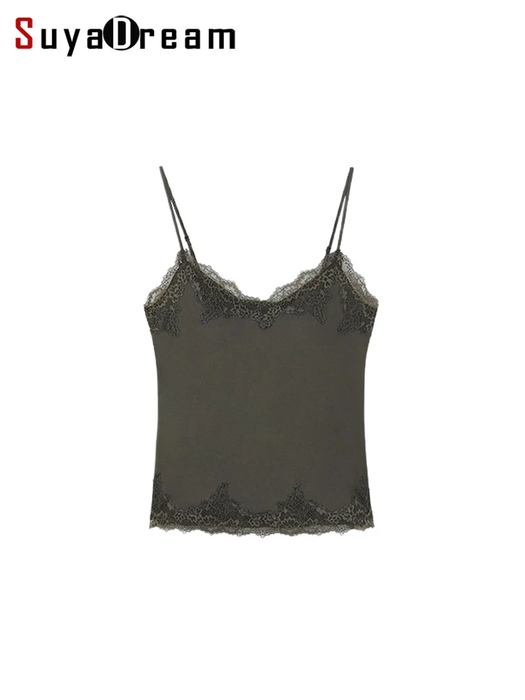 SuyaDream. Women Knit Camis, Lace V neck, Cup Padded T Shirt, Silk Modal Blend, 2025 New Summer Vests