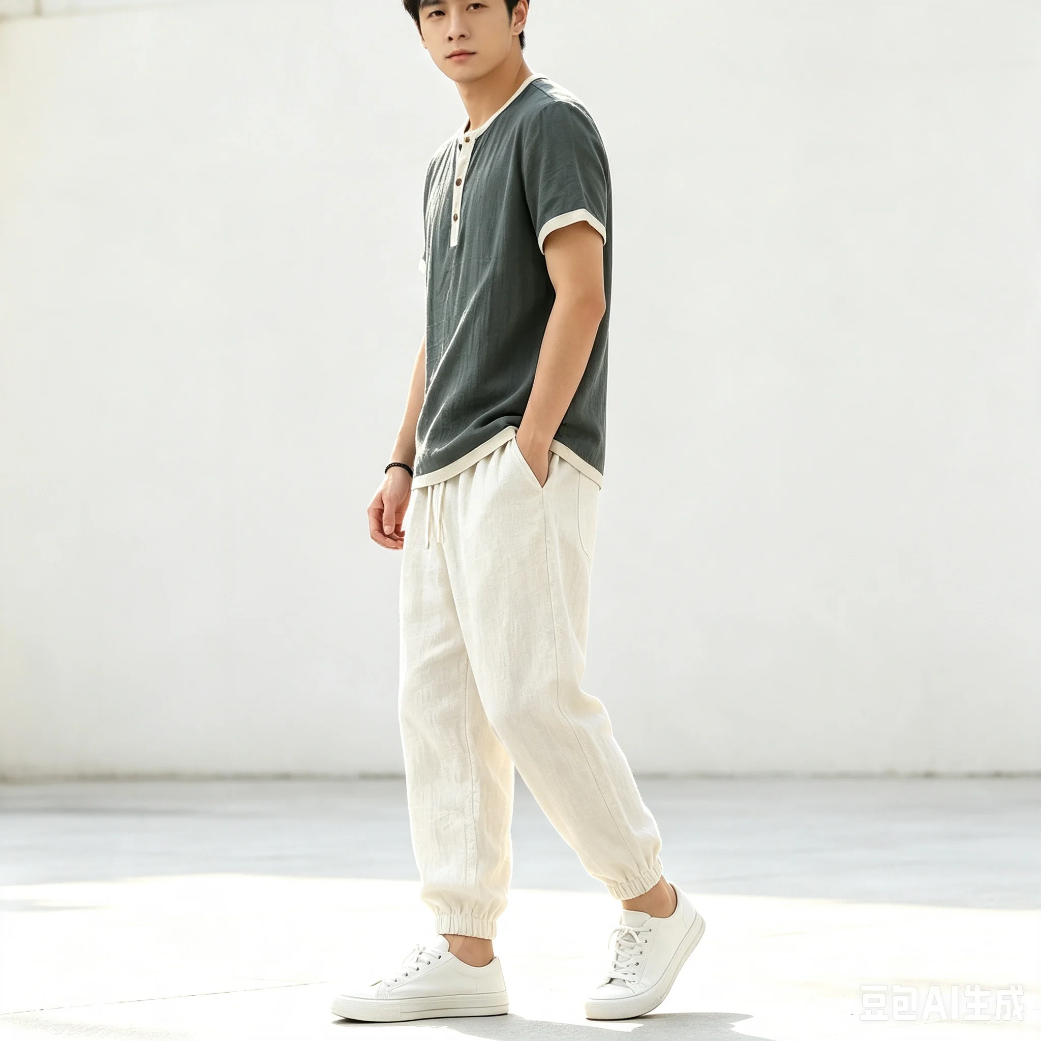 Herren 2-teiliges Freizeitset, einfarbig, Kurzarmhemd mit Knöpfen und lange Hose, Sommer-Outfit, Streetwear-Trainingsanzug – Detail 4