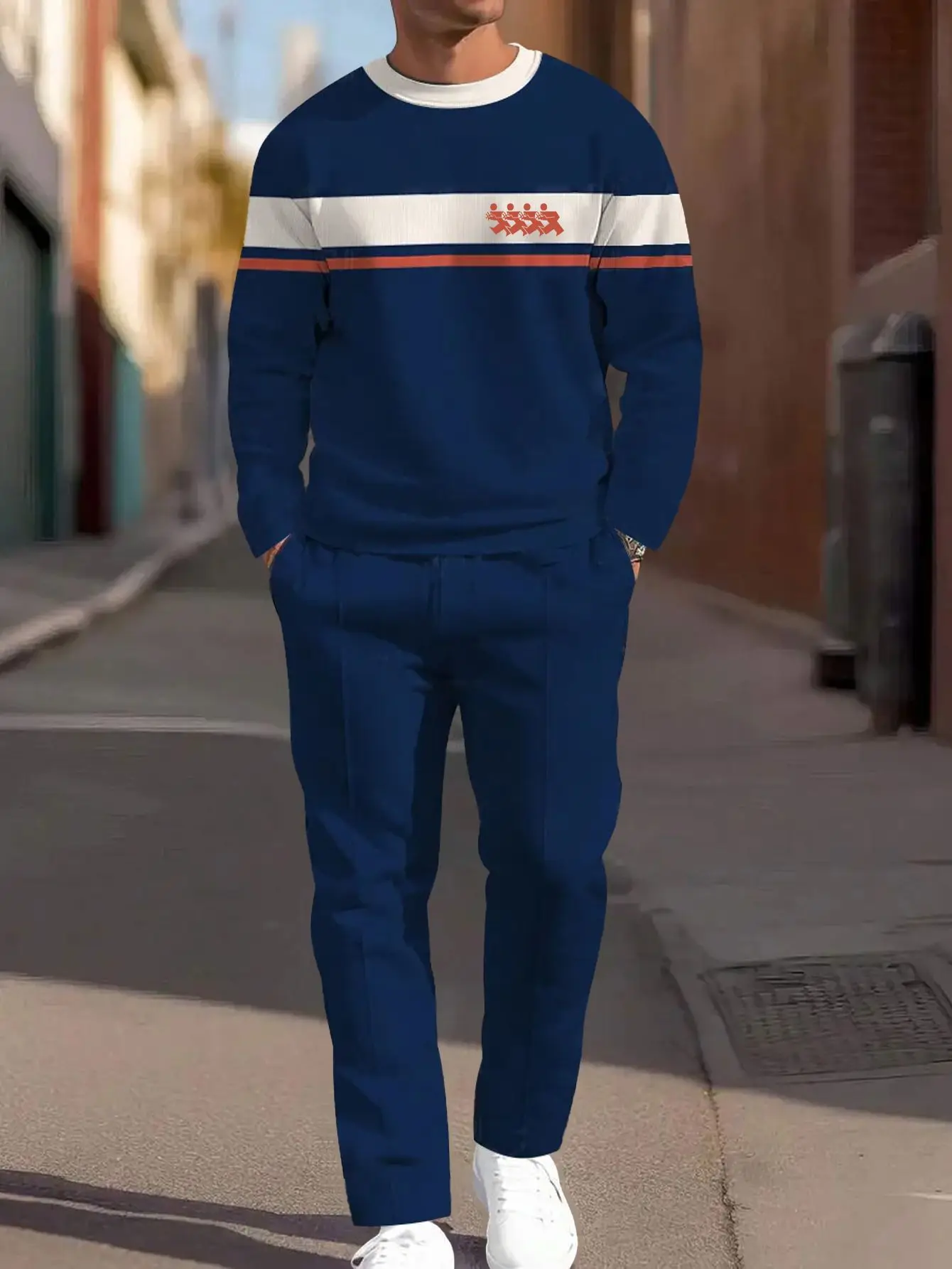 

Комплект из 2 предметов, модный мужской спортивный топ с длинными рукавами и длинные брюки в европейском и американском стиле.