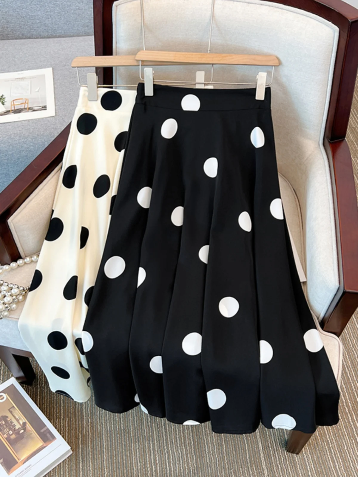 High Waist A-Line Pleated Skirt Women's Spring Autumn plus Size Conceals Hip Polka Dot Midi Skirt Sweet Style Printed Gown