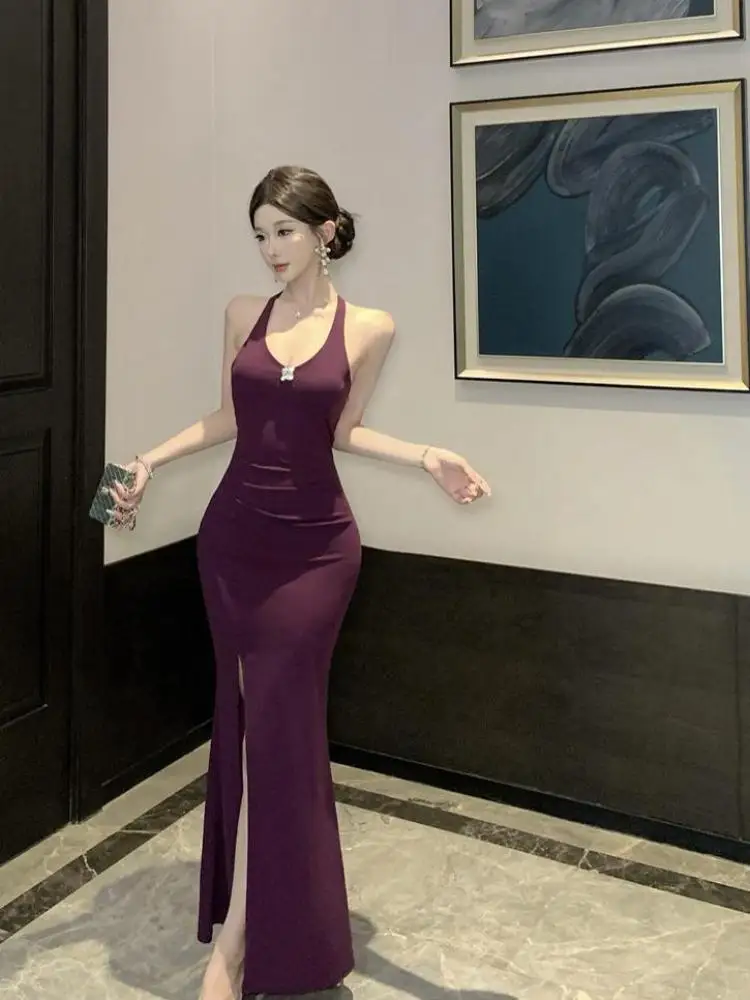 

Vintage Women's Purple Elegant Sleeveless Halter Slim Wrapped Hip Long Dress Summer Sexy Vacation Birthday Party Fishtail Dress