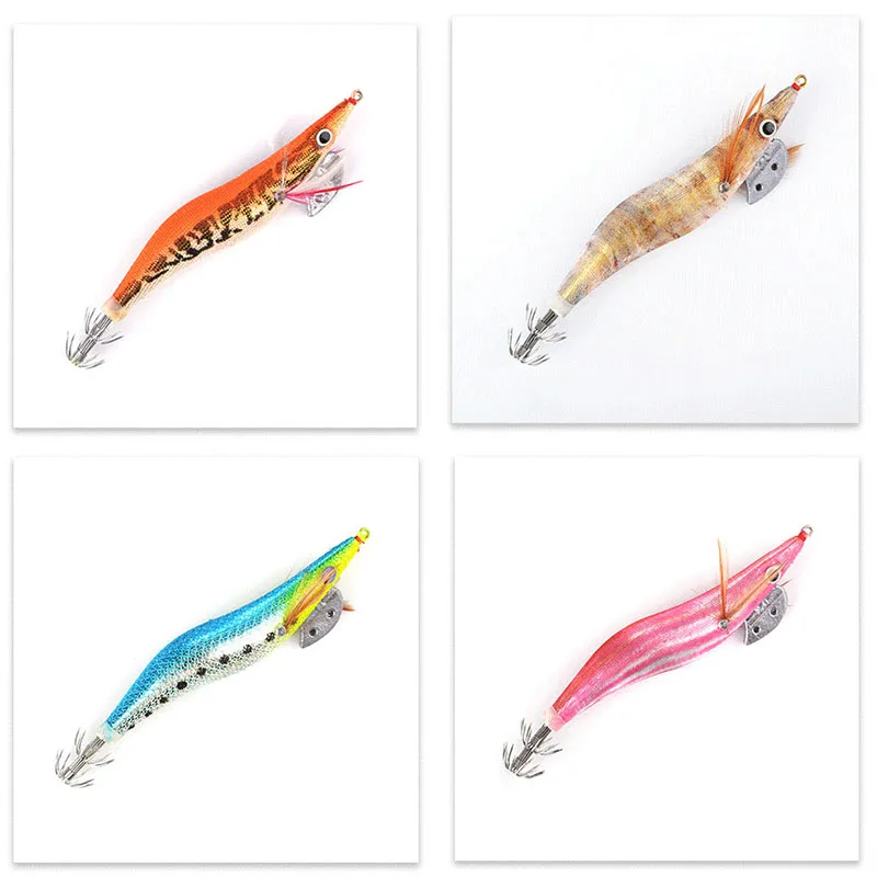 2.5# 3.0# 3.5# Luminous Squid Jigging Fishing Lure Wood Shrimp with Noisy Ball Octopus Squid Jig Hooks Cuttlefish Saltwater Bait