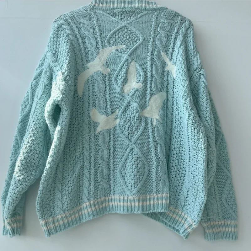 New Blue Cardigan 1989 for Women's Autumn and Winter Bird Embroidery Special Knit Cardigan Slouchy Style Vintage Y2k Sweater