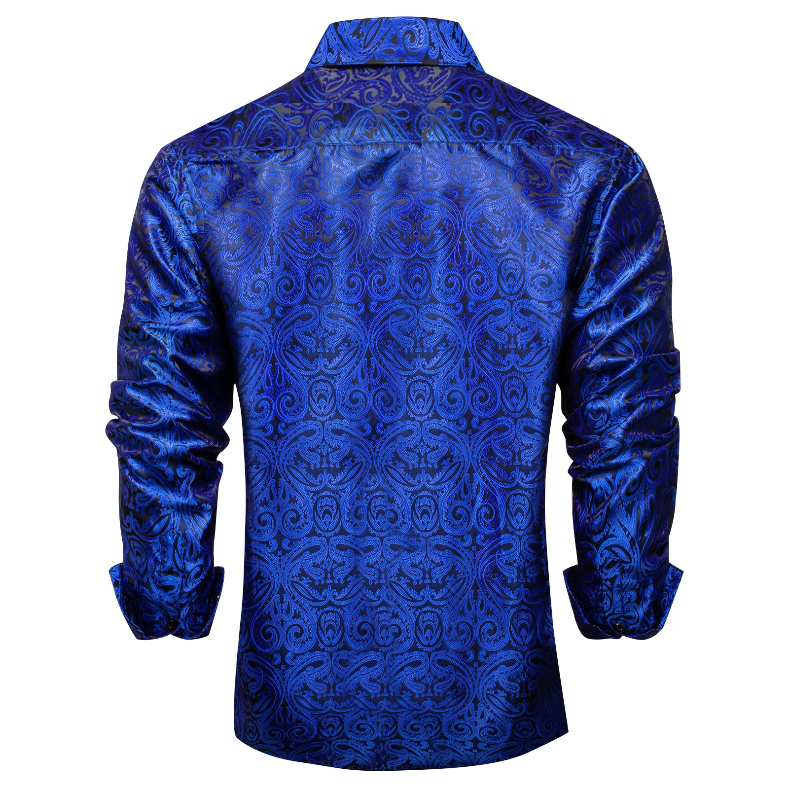 Royal Blue Paisley Solid Silk Polyester Shirts for Men Long Sleeve Wedding Party Prom Dress Button Dowm Collar Shirts and Blouse