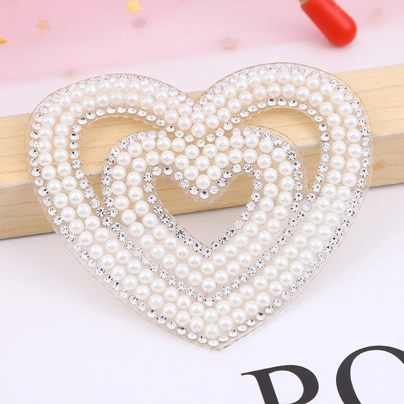 Heart Patches Iron on Rhinestone Applique Thermal Badges Pearl DIY For Clothing Jacket Backpack Sewing Decorative BX061