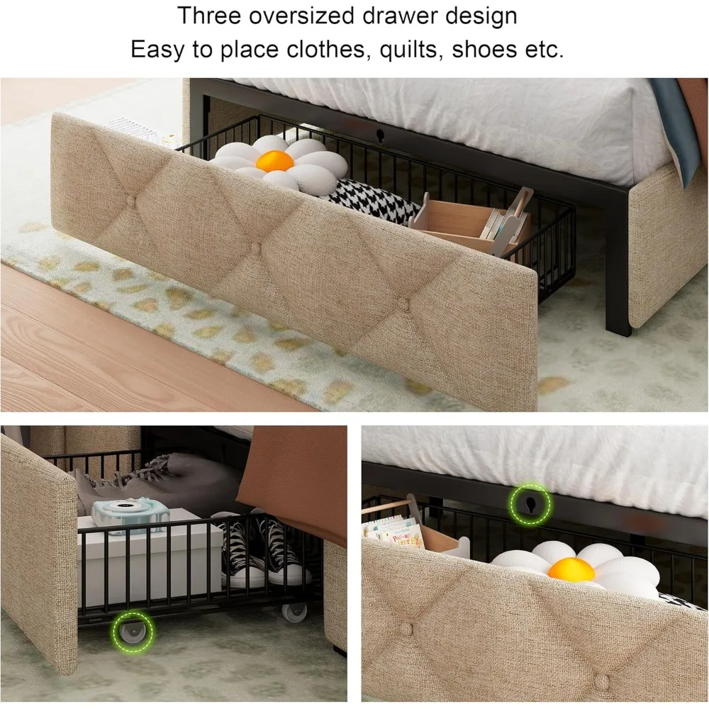 Estrutura de cama de solteiro com 3 gavetas de armazenamento, cama de plataforma estofada com estação de carregamento rápido, cabeceira de armazenamento Wingback