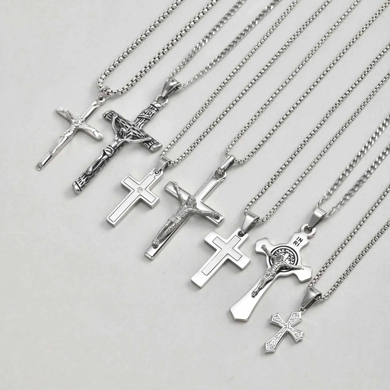 Stainless Steel Cross Pendant for Women Saint Benedict Catholic Jesus Silver Color Necklaces Prayer Jewelry Easter Gift