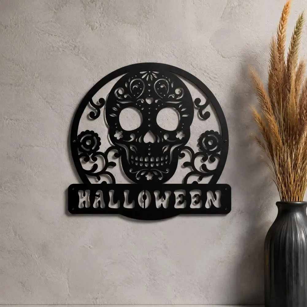 Halloween Skull Sign Exquisite Carving Craft Skull Metal Door Sign Spooky Skeleton Head Wall Art Halloween Decor for Man Cave