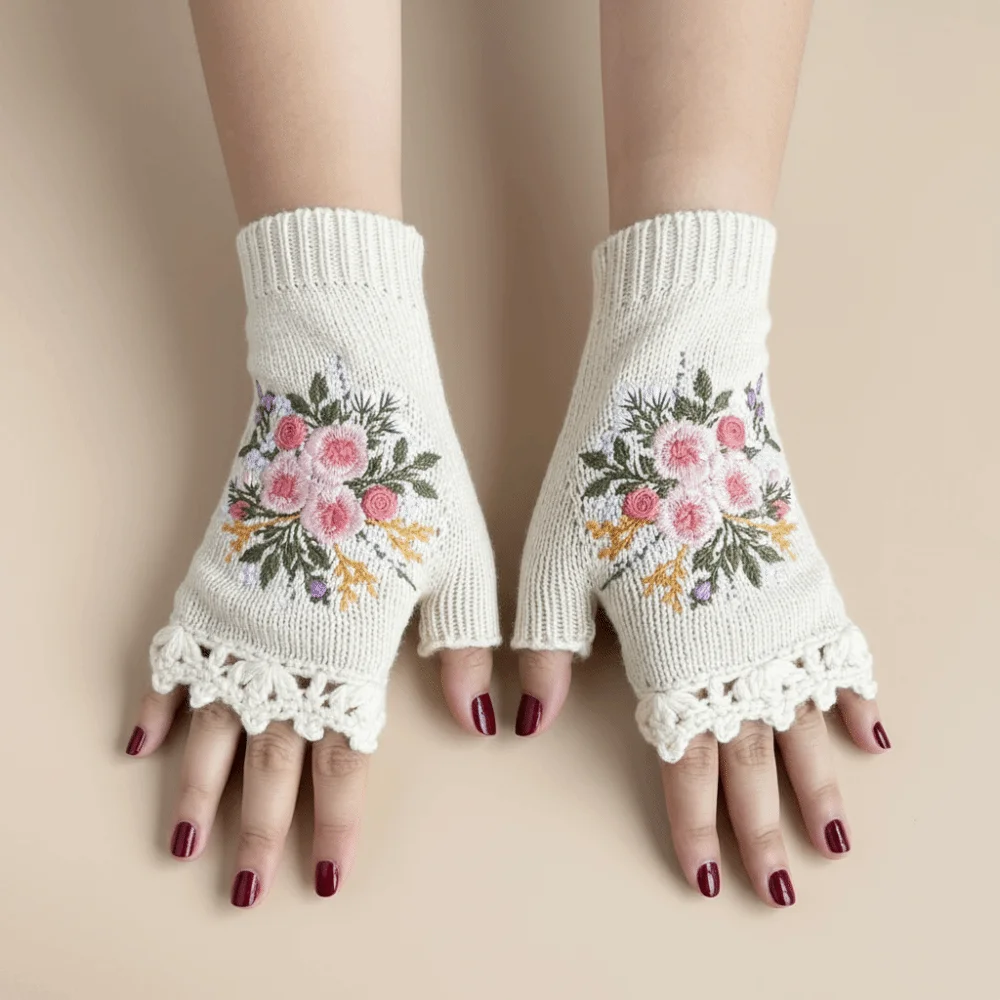

Универсальные винтажные вязаные перчатки с вышивкой, зимние шерстяные перчатки с цветочным принтом пчелы, толстые вязаные крючком варежки с цветочным принтом для девочек