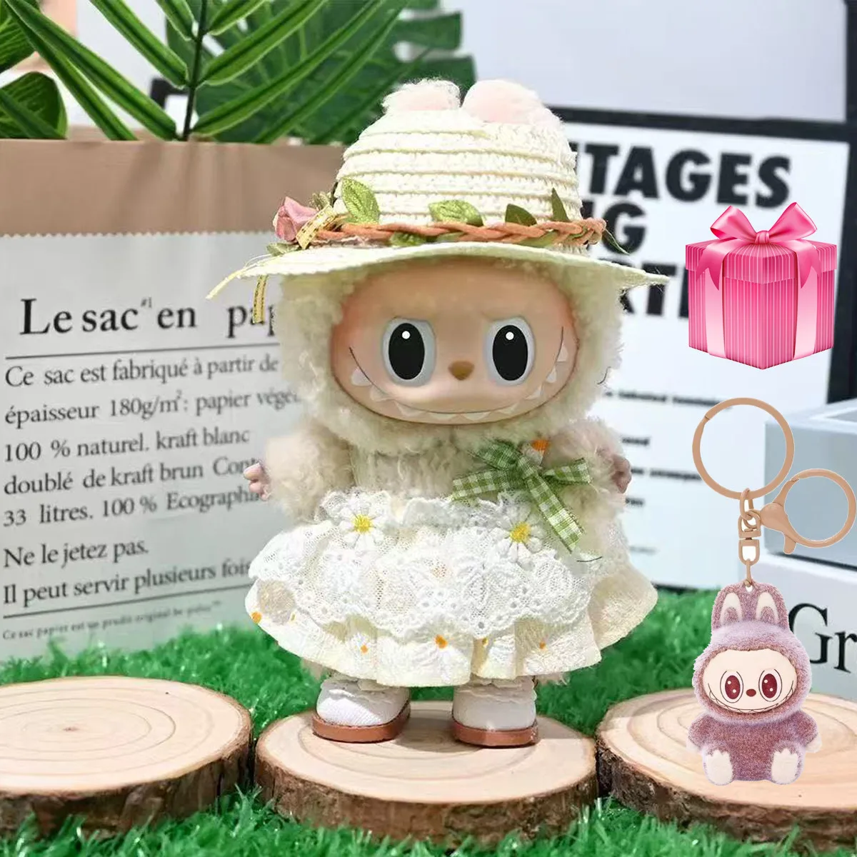 

Labubu Dress+Straw Hat/set Labubu Clothing Lace Bow White Princess Dress for 17CM V1V2V3 Dolls Clothing Accessories