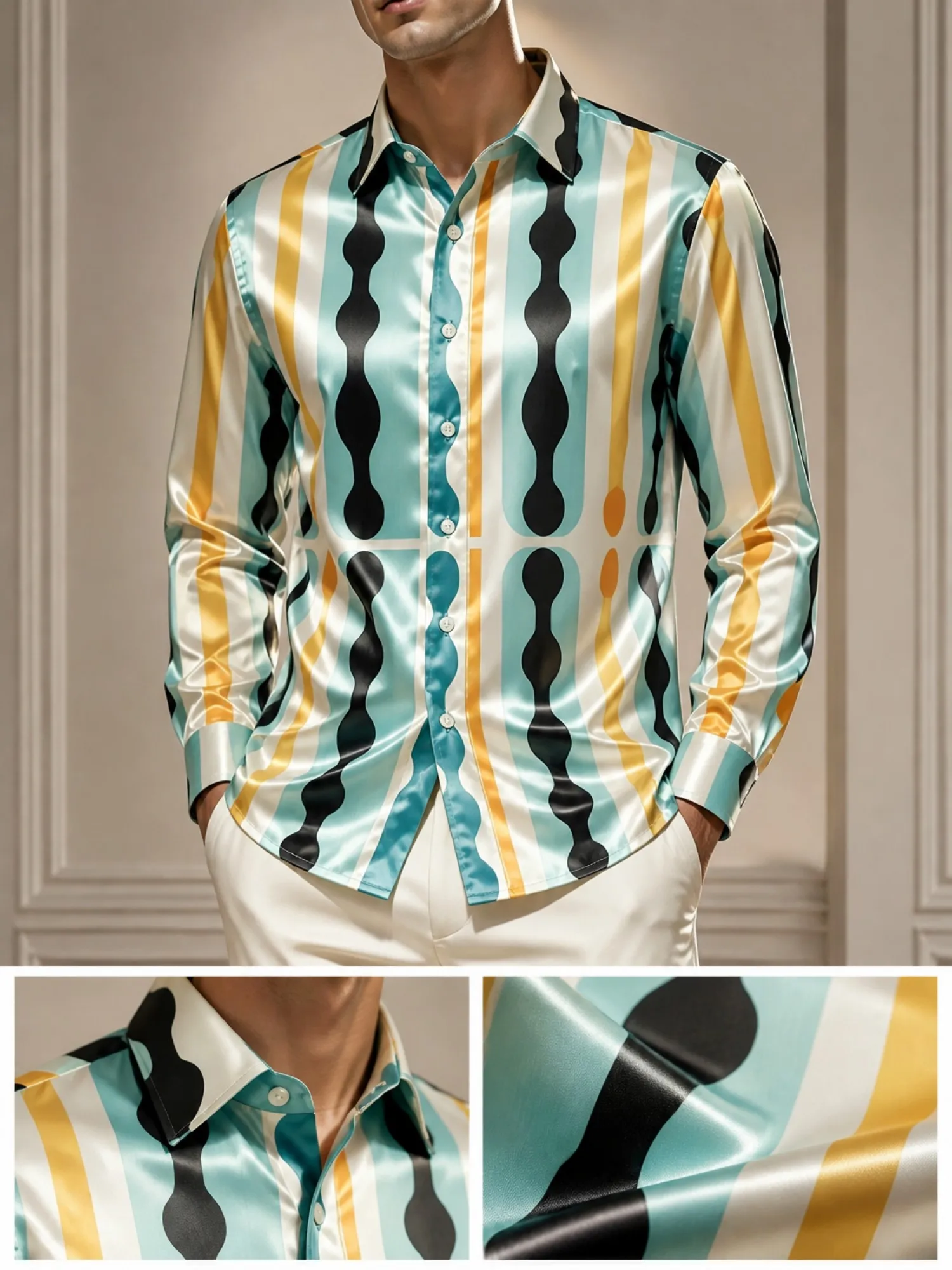 Mens Formal Satin Long Sleeve Dress Shirt Lightweight Collared Dress Shirt Lightweight Party Office Travel Vacation Clubwear Top