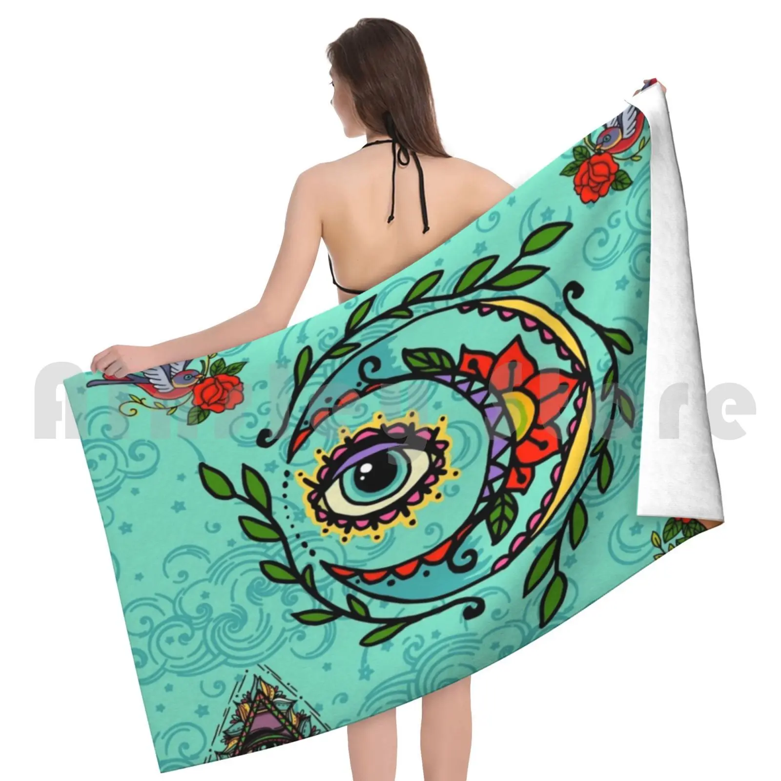 إله الشمس والقمر # 3: المدرسة القديمة الوشم منشفة حمام الشاطئ وسادة الفضاء كوزموس الشمس الله القمر موجة البحر سحابة السماء #5