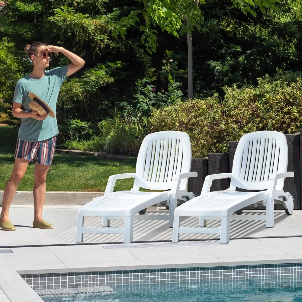 Chaise longue pliante d'extérieur avec 6 dossiers réglables, chaise longue pliable au bord de la piscine avec roues