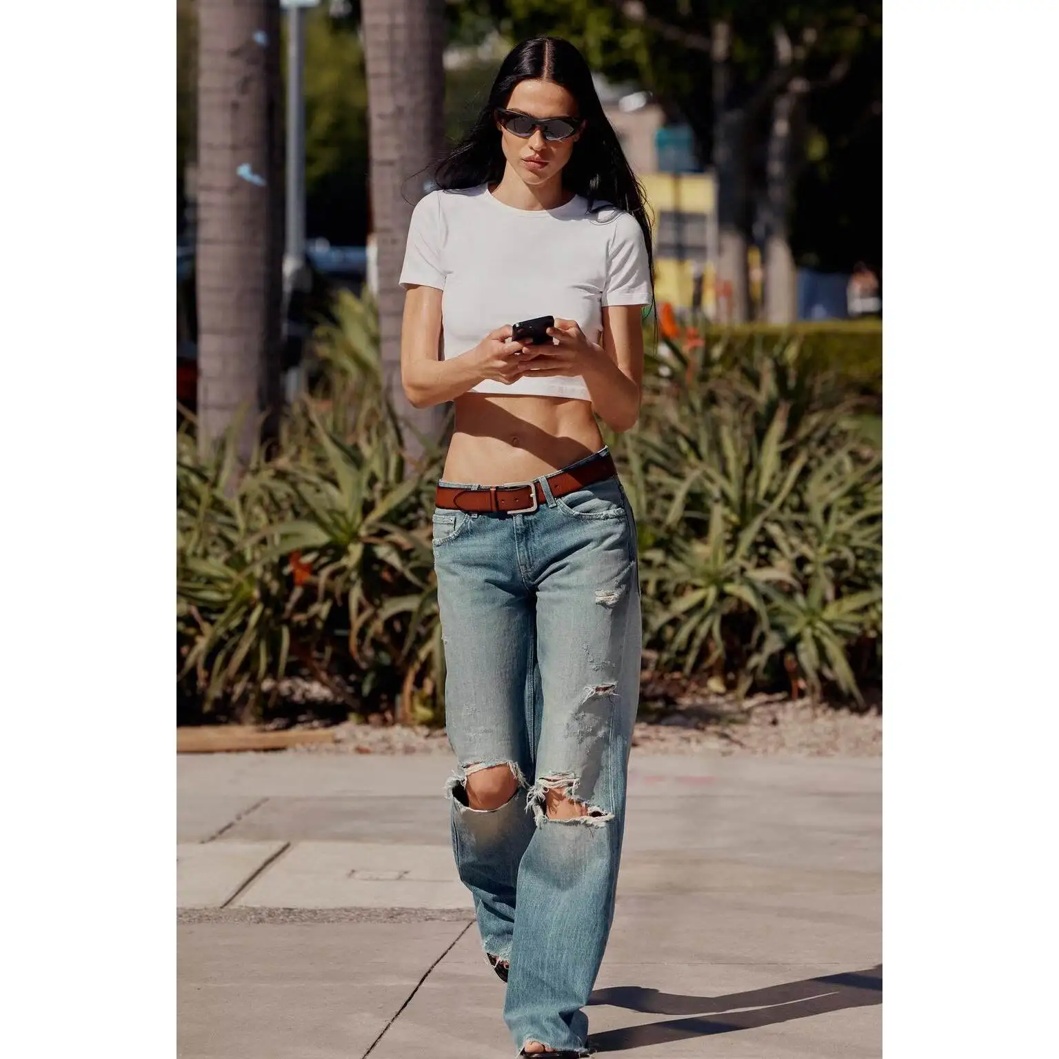 Fashionable Bell Bottom Jeans Women's Denim Pants Mid-Rise Torn Hole Casual Trousers Polyester Fiber Natural Waist Button Clo...