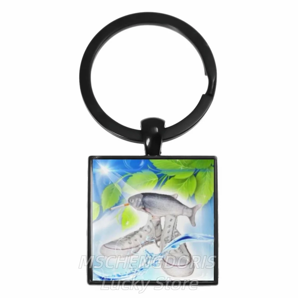 Funny Meme Cat Frutiger Aero Art Retro Black Keychain Glass Square Pendant 25mm Keychain Charm Jewelry Gift