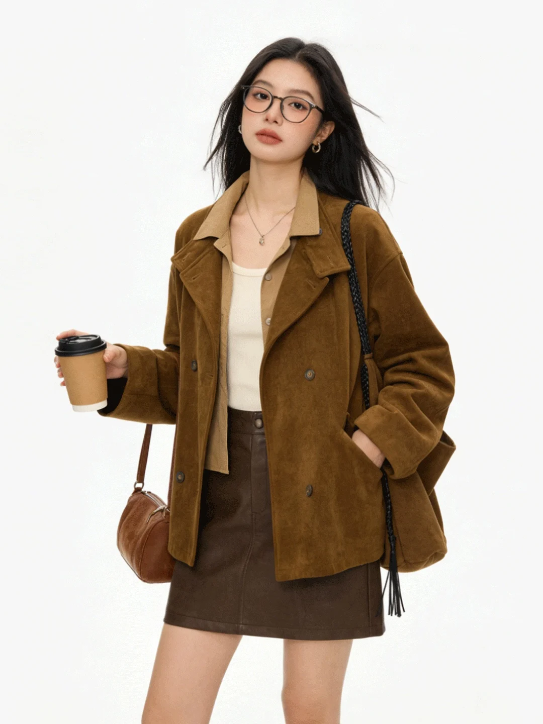 

Korean Sle Suede Jaet Retro Double Button Stand Collar Midi Loose Women's Coat Spring Faionable Versatile Outerwear