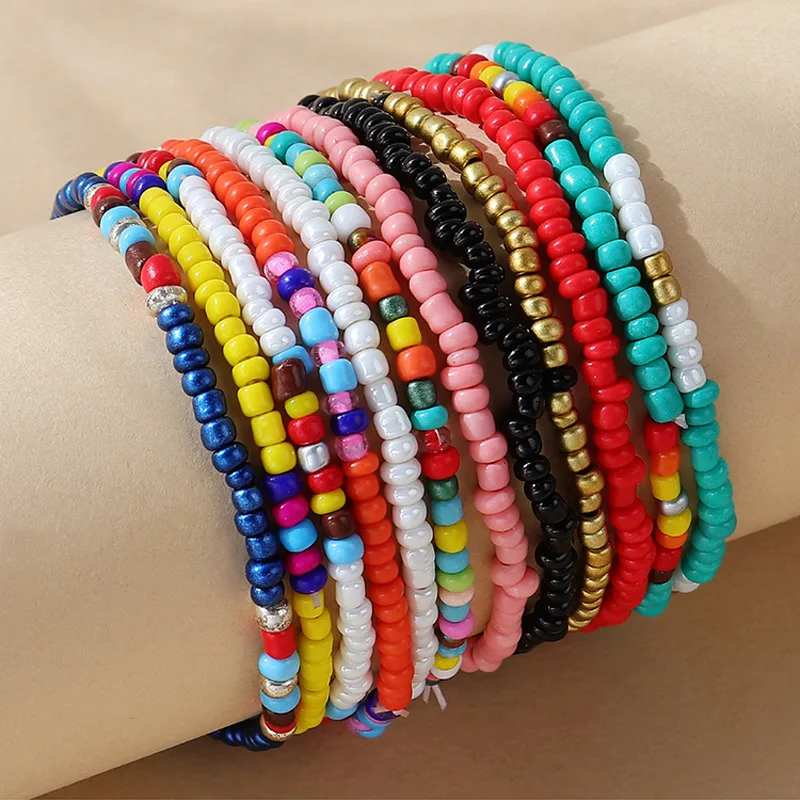 Kymyad (12pcs /set ) Resin Rice Beads Bracelets For Women Boho Ethnic Jewelry Handmade Multilayer Elastic Bracelet Sets