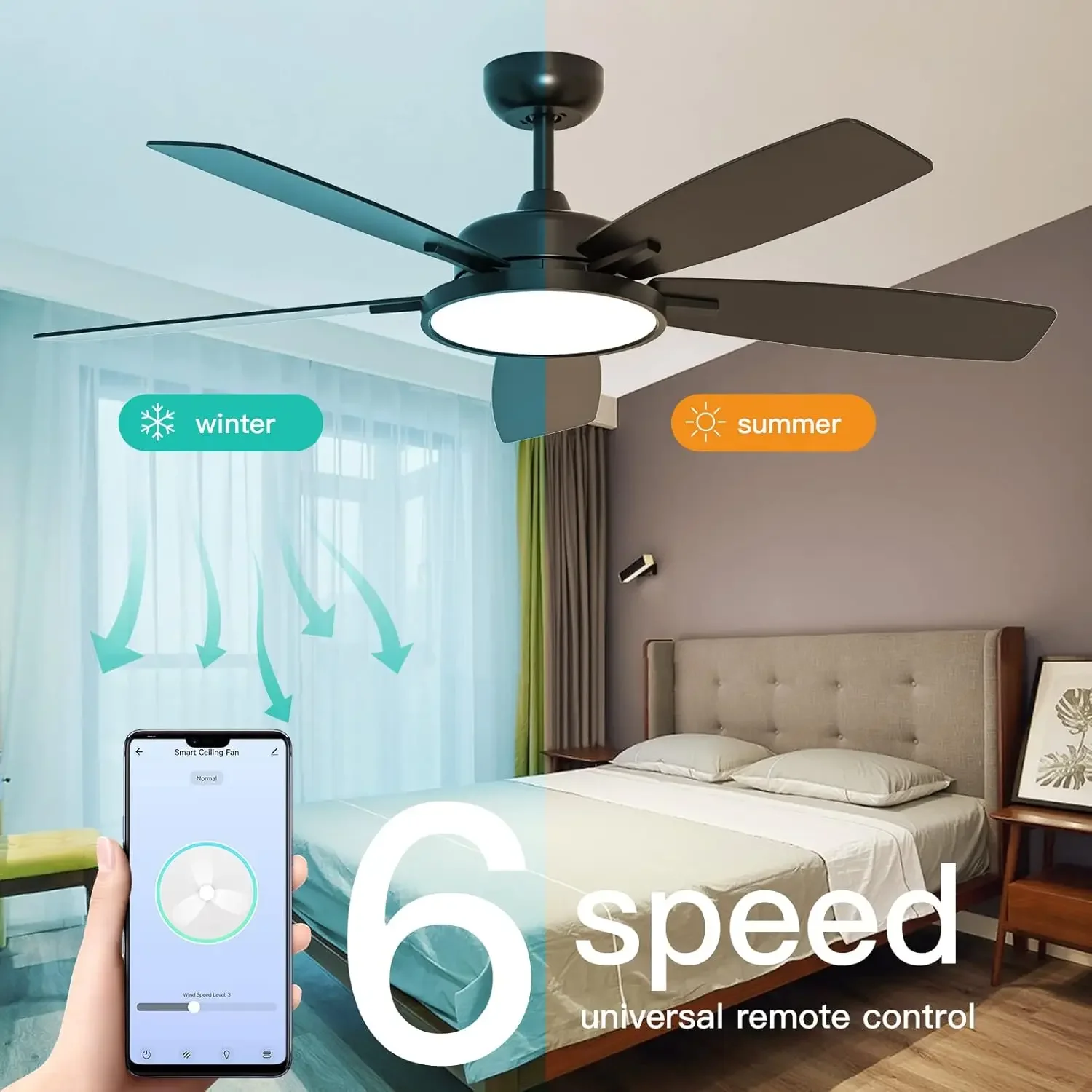 52 Inch Smart Ceiling Fan with Light,Ultra Silent Reversible DC Motor Fan Remote Control Compatible with Alexa Google home（black