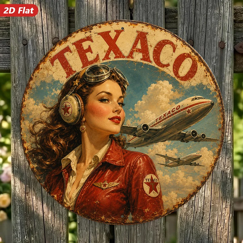 2D Flat, 1pc Round Metal Sign Wall Art, Vintage Aviation-Themed Decorative Painting, Texaco Logo, Retro Style, Home Decor, Ideal