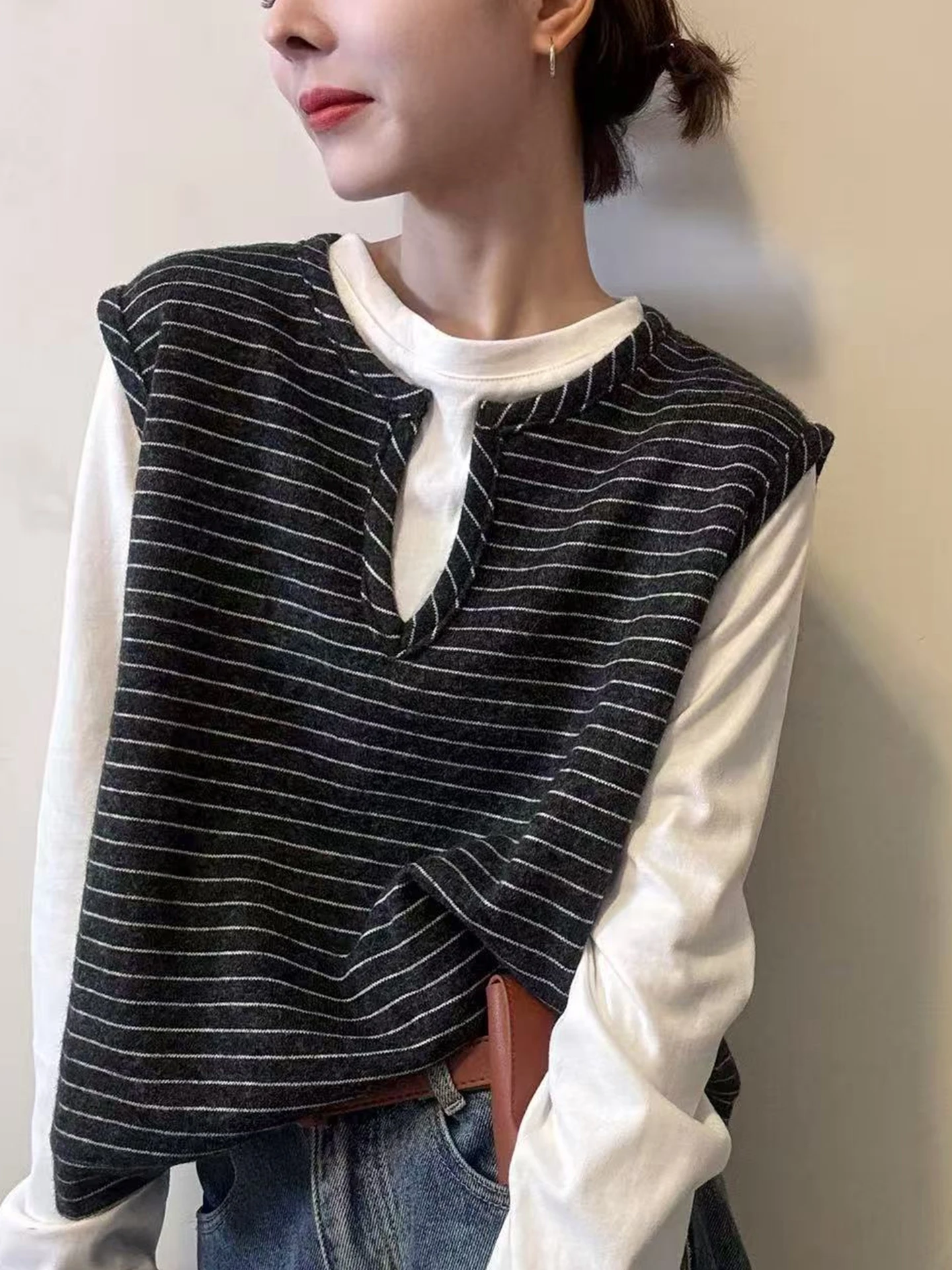 

Полосатый вязаный жилет, топ, женский Long Sve Crew Ne Commute Sle Faion, облегающий крой, осенняя коллекция премиум-класса