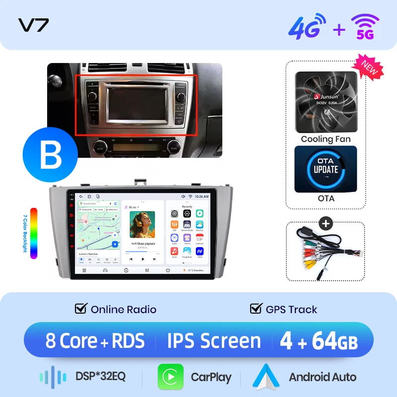 Junsun draadloze CarPlay Android Auto autoradio voor Toyota Avensis Mk3 (T270) 2009-2018 met ingebouwde koelventilator, Android GPS navigatie, multimediaspeler, WiFi, DSP, RDS, BT, SWC, IPS