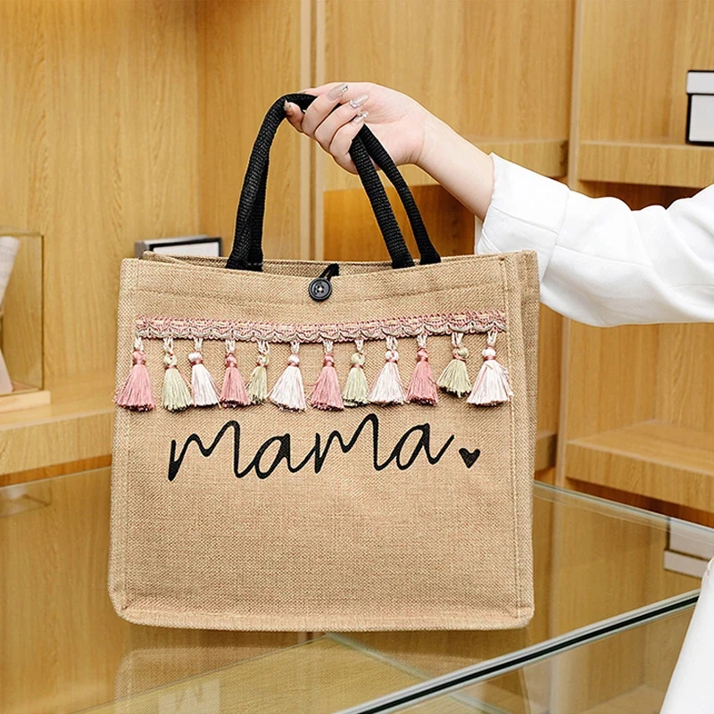 Women Mama Letter Printing Tote Bag Large Capacity Baby Diapers Storage Bag Casual Fashion Linen Shopping Handbag Gifts for Mom