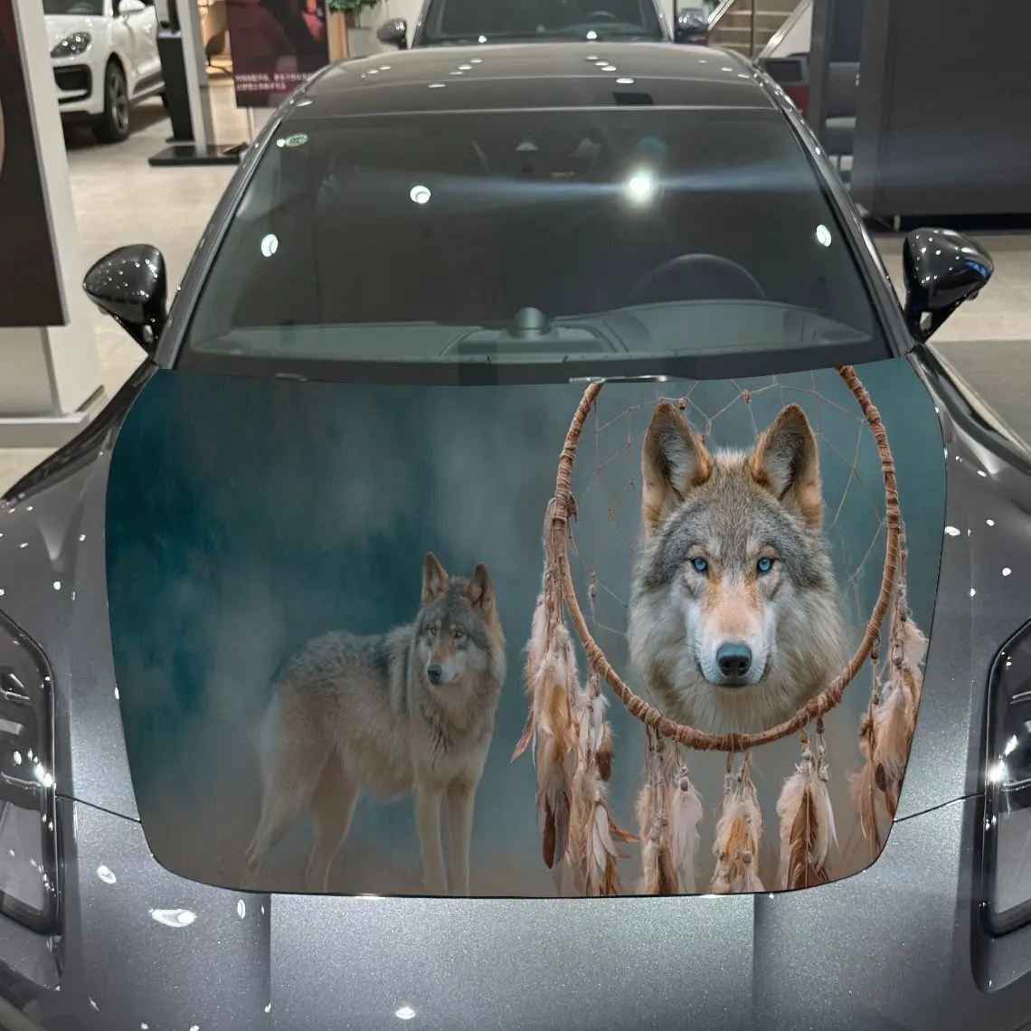 

Ловец снов волк племенные приключения ПВХ обертывания на капот автомобиля, самоклеящаяся водонепроницаемая наклейка на капот автомобиля, защита украшения автомобиля