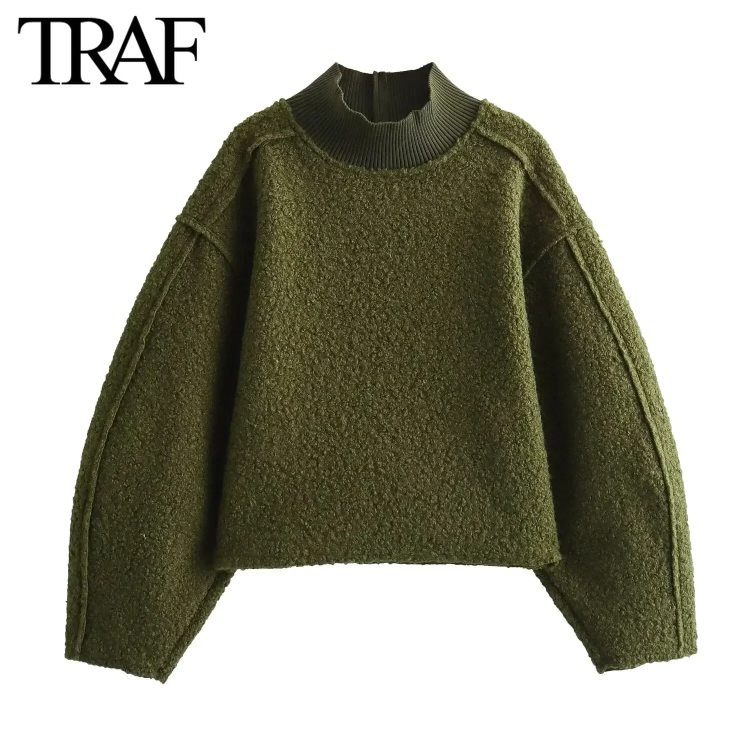 TRAF Women Fashion Autumn Winter 2024 New Loose Solid Color Long Sleeved Stand Collar Pullover Top Chic Female Sweatshirt