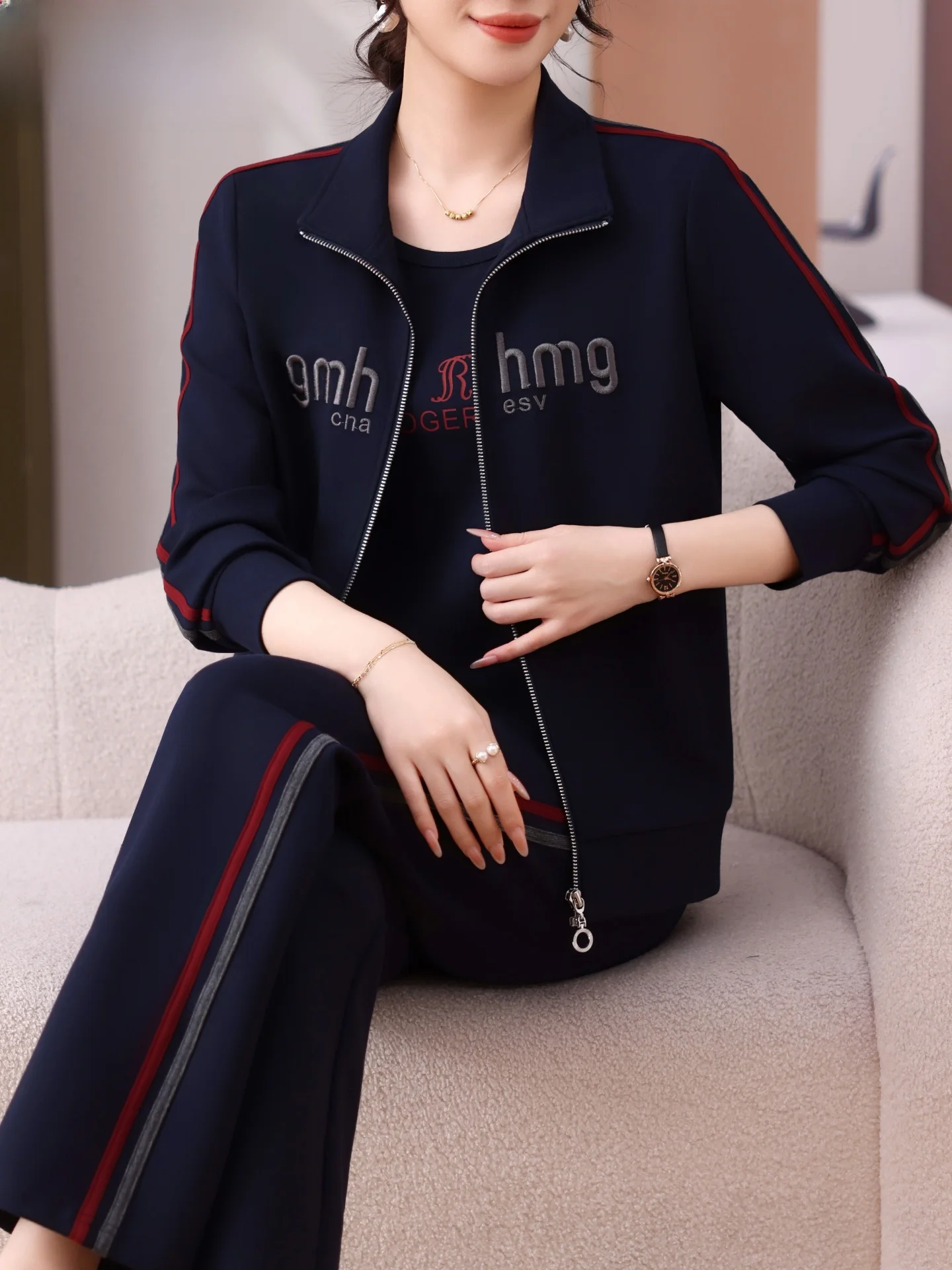 

Casual Mom Coat Spring Autumn Sle Women's Set Loose Fit Long Pants Zipper Closure Regular Sve Polyester Fiber