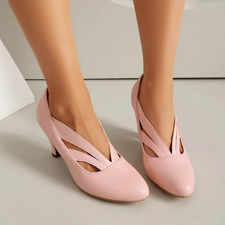 

Весенние женские туфли для офиса с круглым носком на высоком каблуке, с вырезами, женские туфли-лодочки