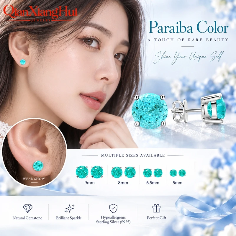 YAG Neon Paraiba Blue and Green Ear Stud 5-9mm with Inclusions Round Shape S925 Silver Earrings Jewelry