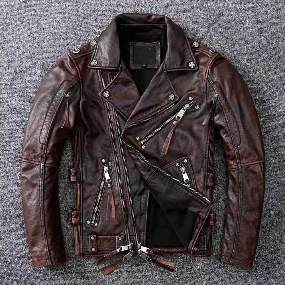 Vintage Brown American 2023 Style Motorcycle Leather Jacket Men Plus Size 6XL Genuine Cowhide Autumn Slim Fit Biker's Coat