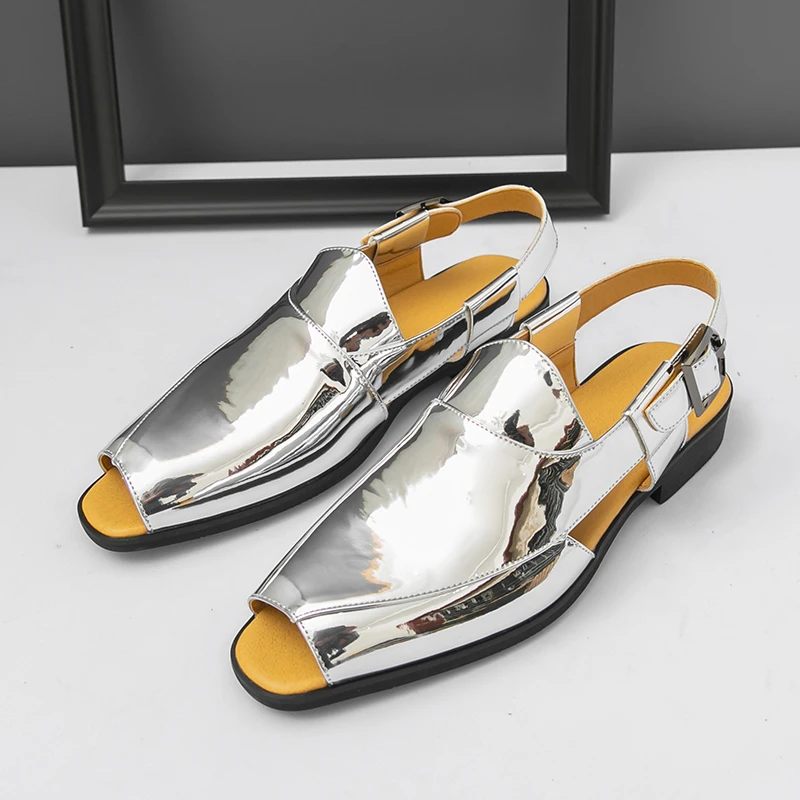 Summer Men's Casual Shoes High End Patent Leather Sandals Luxury Open Toe Roman Sandals for Man Designer Shoes Zapatos De Hombre
