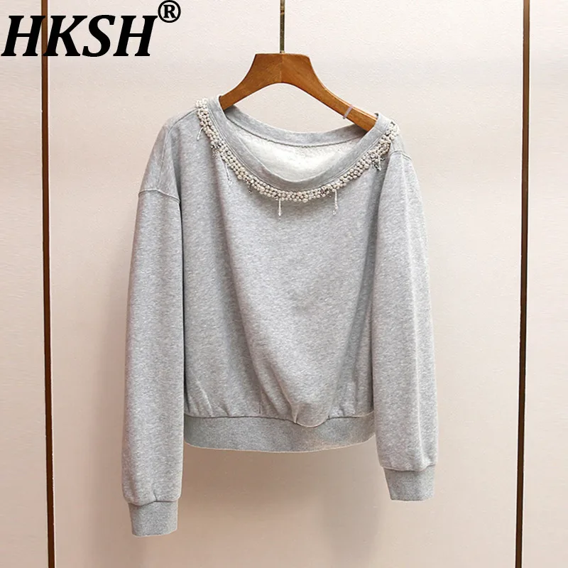 HKSH 2025 Autumn Winter New Women's Sweatshirt Off-Shoulder Long Sleeves Beaded French Casual Elegant Sweet Thicken Tops HK14105