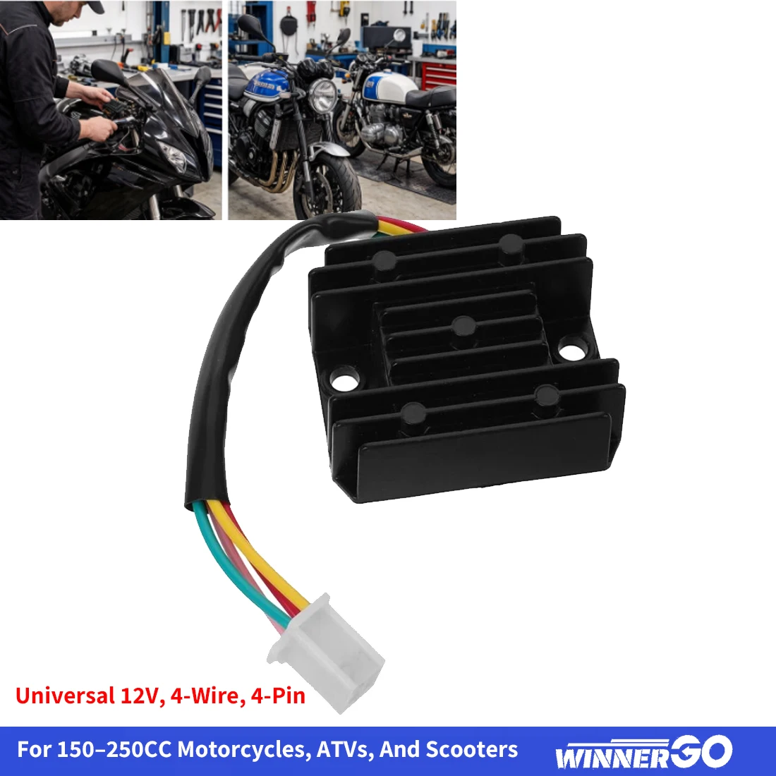 Rectificador universal de onda completa de 12 V y 4 cables y 4 pines – Regulador de voltaje de alta eficiencia para motocicletas, vehículos todoterreno y scooters de 150-250 cc