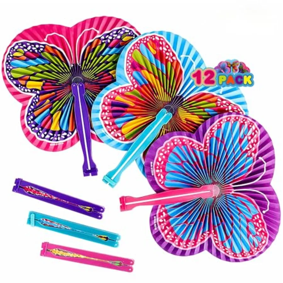

ArtCreativity 9.5 Inch Handheld Butterfly Folding Fans - Pack of 12 Foldable Fans in Assorted Colors and Designs, Goodie Bag Fi