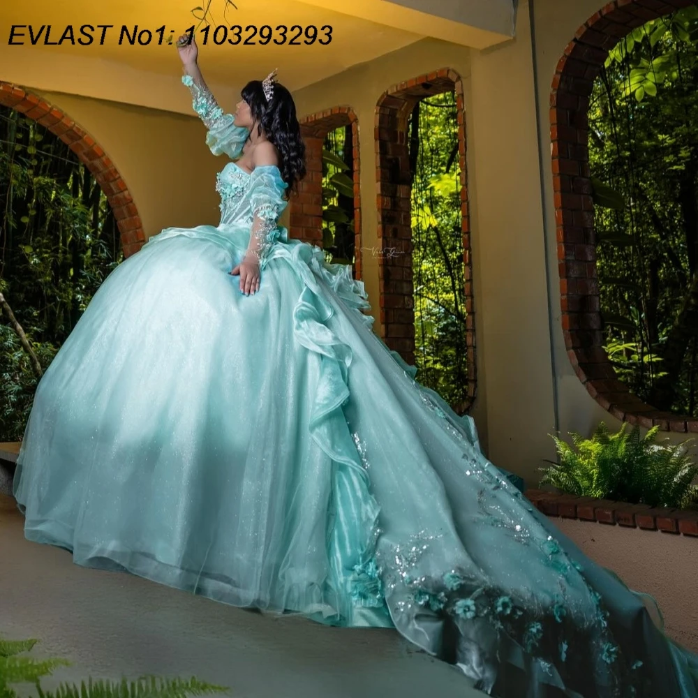 EVLAST блестящее шалфено-зеленое бальное платье на заказ, платье Quinceanera, кружевная аппликация, расшитое бисером, Sweet 16, Vestidos De 15 Anos E1QN294