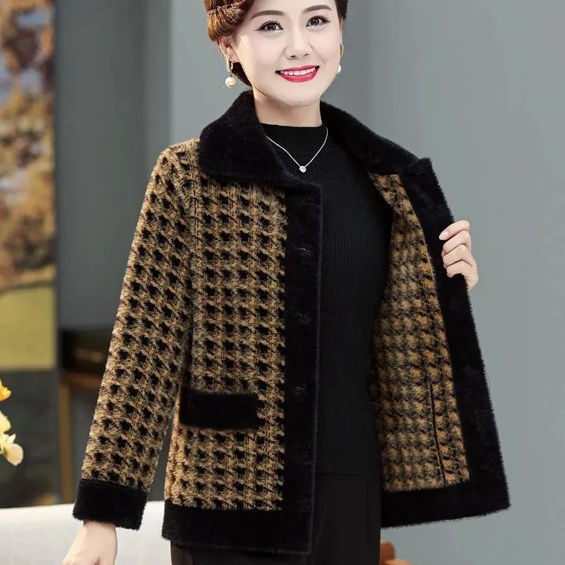 High-end Middle Aged Elderly Mother Faux Mink Jacket Autumn Winter Thick Short Wool Cardigan Women Knitted Sweater Cashmere Coat