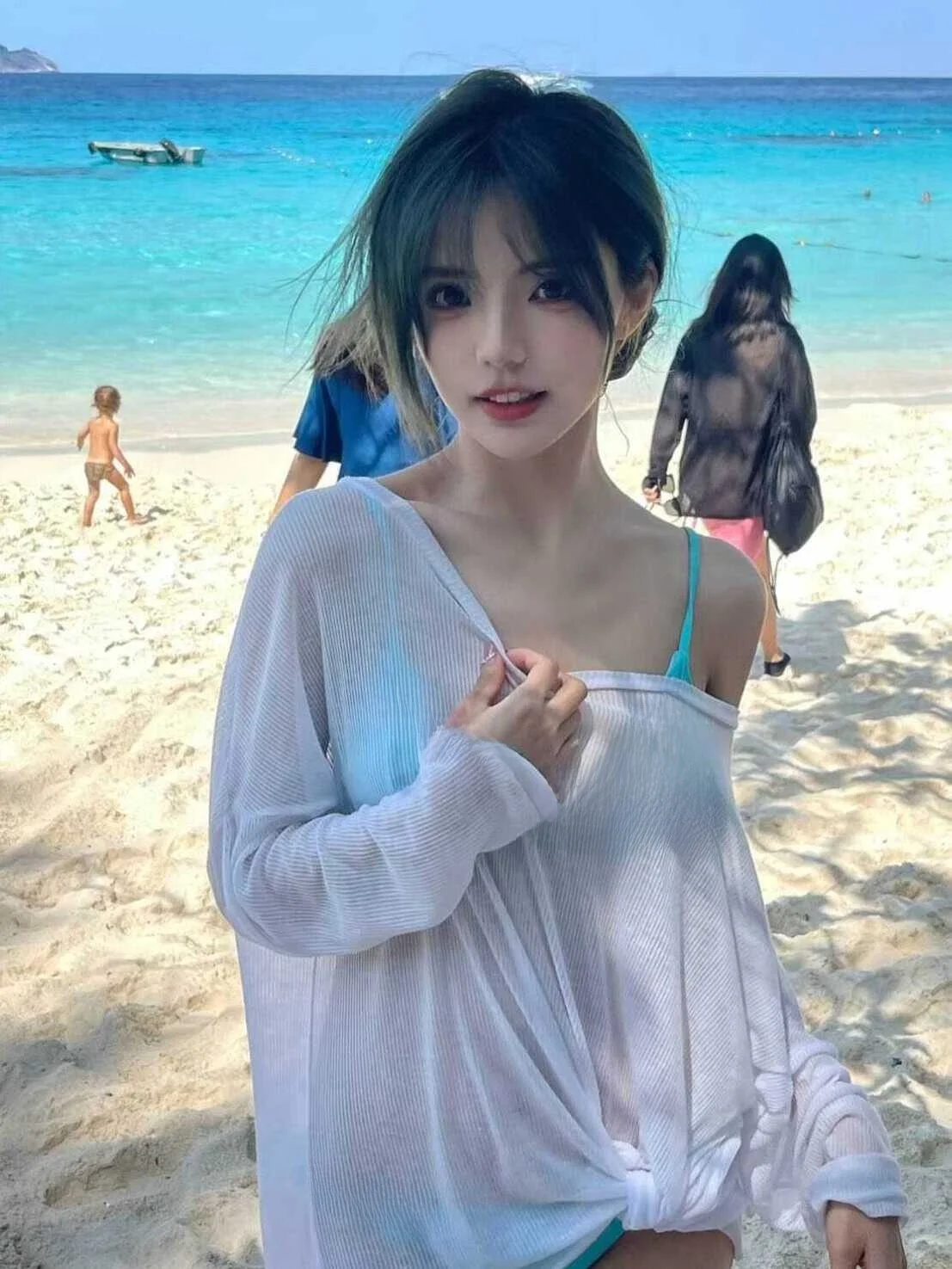 ホワイト軽量長袖ニット日焼け止めトップス女性用早春夏ビーチエアコンカバーアップシャツ